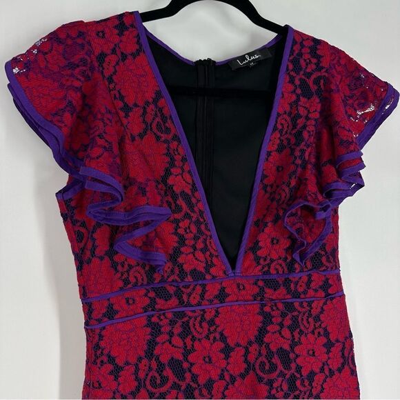 LULU’S Under the Stars Deep Plunge Purple and Red Lace Ruffle Mini Dress Sz M - Picture 5 of 8